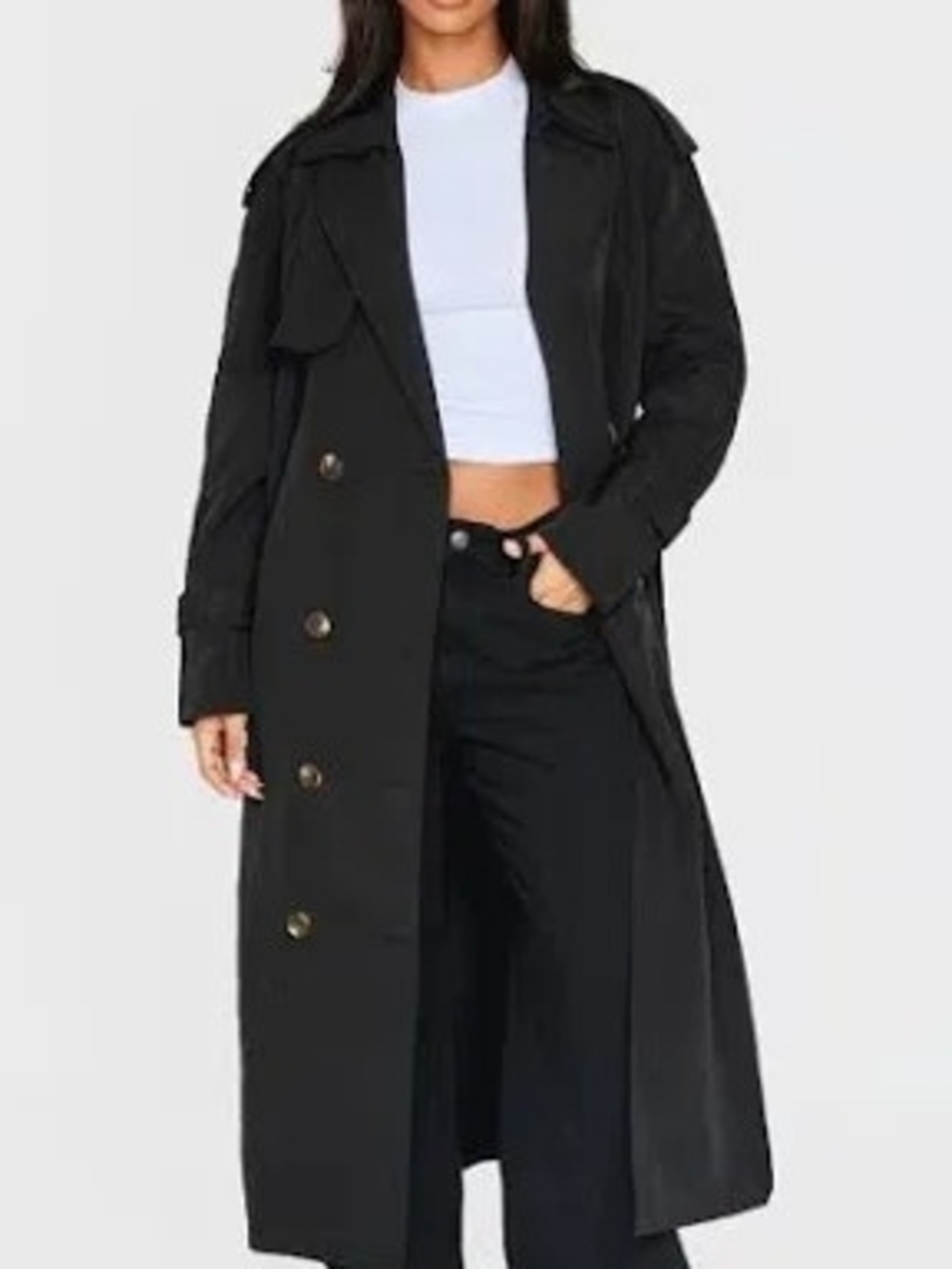 PrettyLittleThing Black Double-Breasted Long Trench Coat